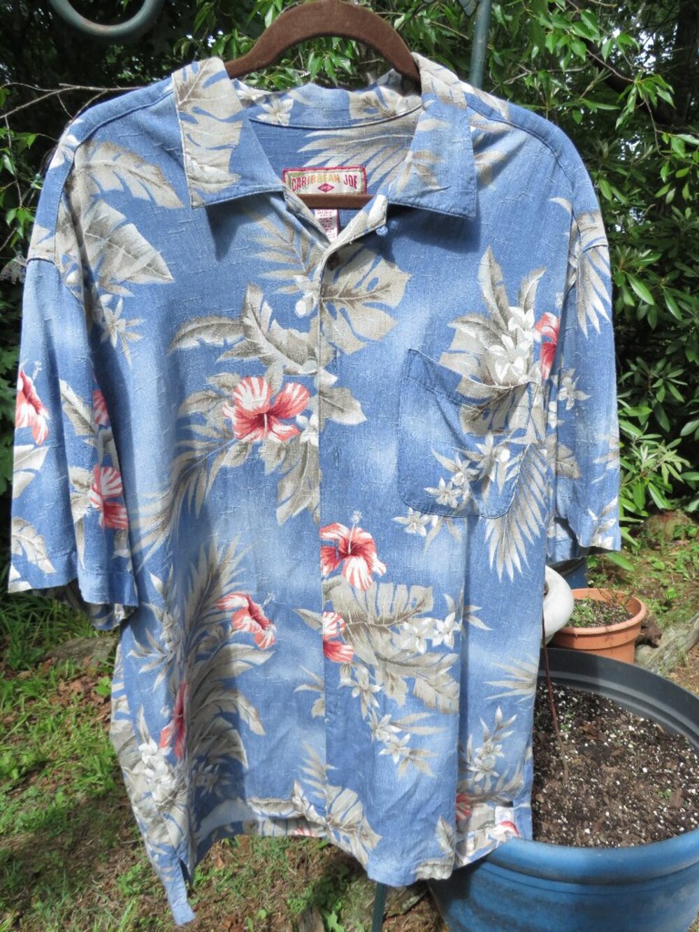 Caribbean Joe Vintage Hawaiian Shirt Men L Blue Tropical Floral Hibiscus Print